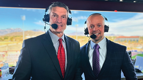 Top: Adam Young, right, leads Aggie coverage across multiple sports and steps into expanded radio roles following Jack Nixon’s retirement. On the television broadcasts, Young was joined by analyst Danny Knee. Left: Veteran broadcaster Russ Langer returned to Las Cruces as the play-by-play radio broadcaster for Aggie men’s basketball for the 2025-26 season.