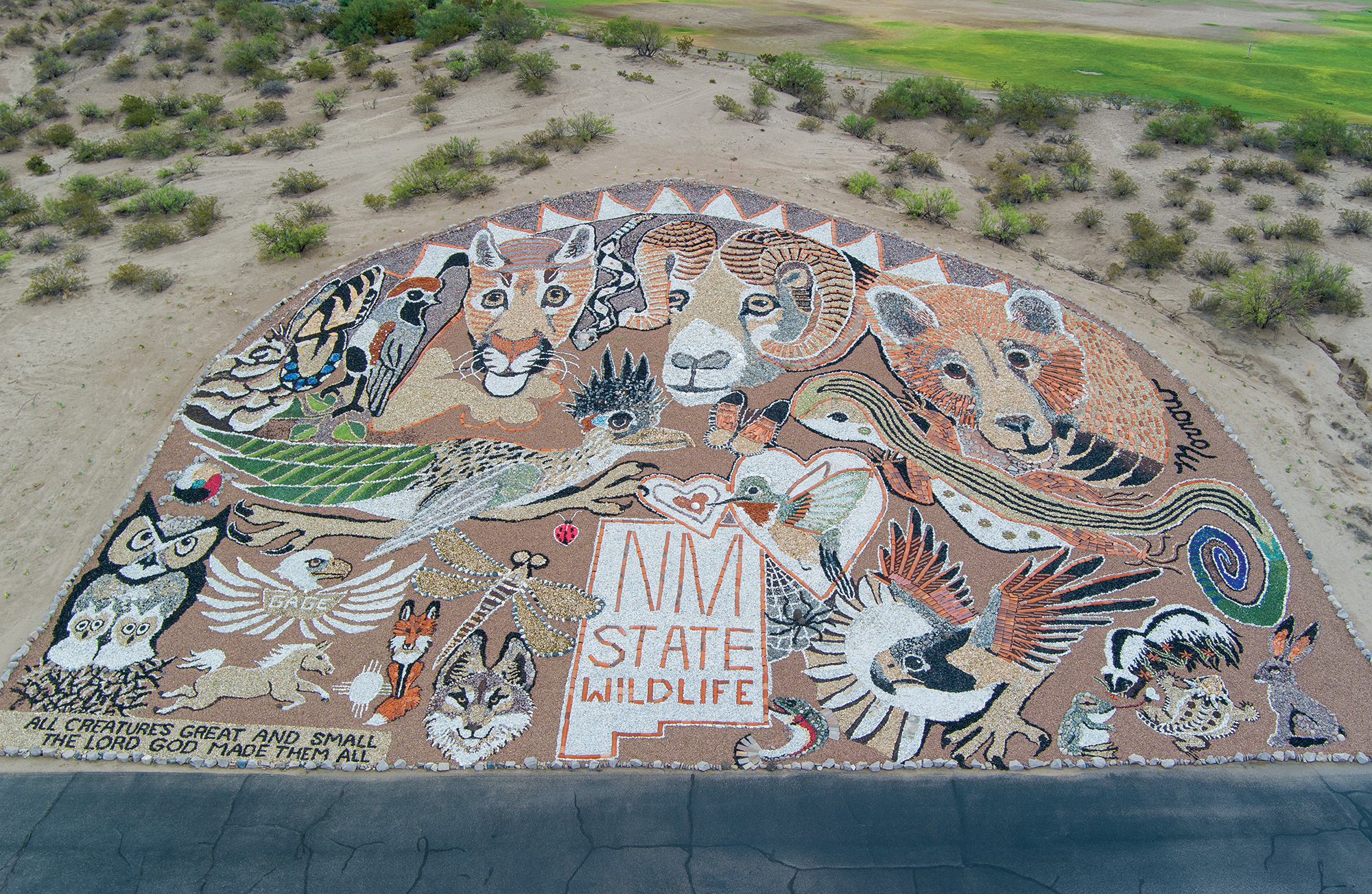 Aerial view of rock mural.