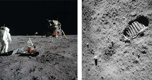 Left: In 2010, a group of NMSU students traveled with Beth O’Leary to Santa Fe and succeeded in having the artifacts from Apollo 11’s Tranquility Base added to New Mexico’s State Register of Cultural Properties. Right: Created in 1969, the first lunar landing site, known as Tranquility Base, preserves 106 assorted artifacts related to the event.