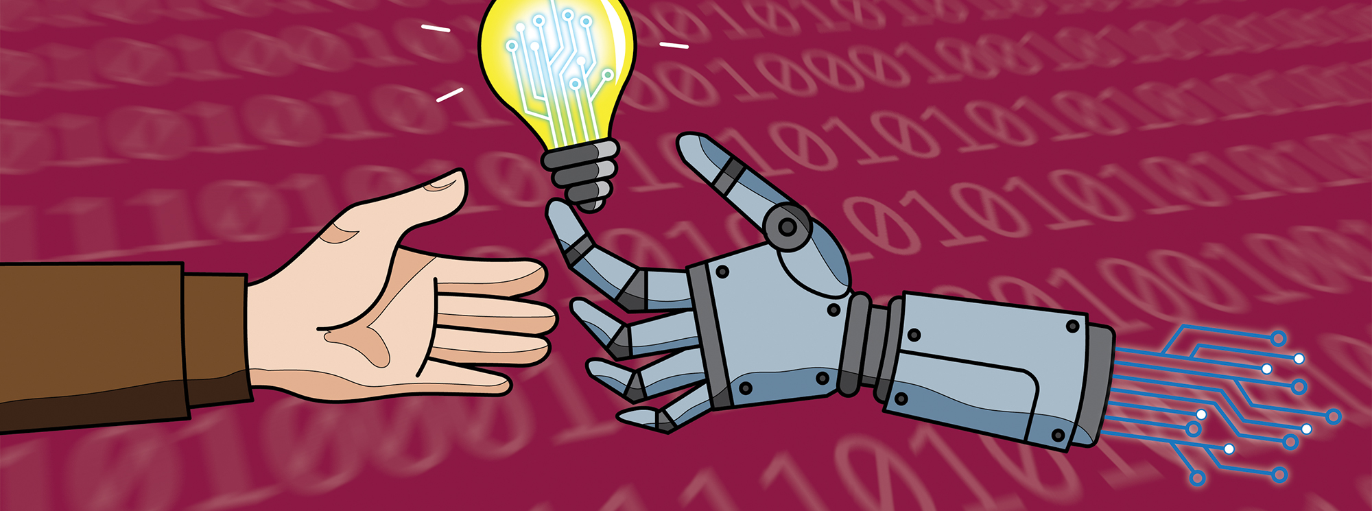 AI illustration featuring a robotic hand giving a lightbulb to a human hand